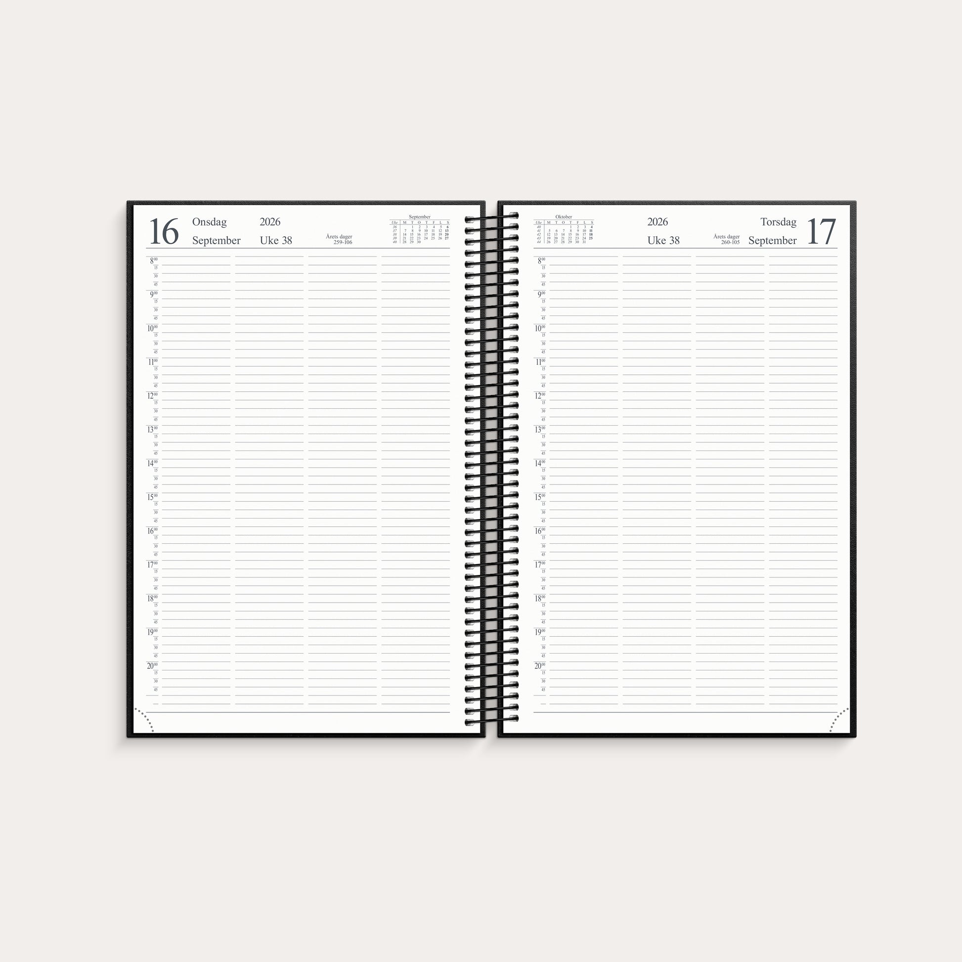 Timeavtalebok 2026 spiral – detail view