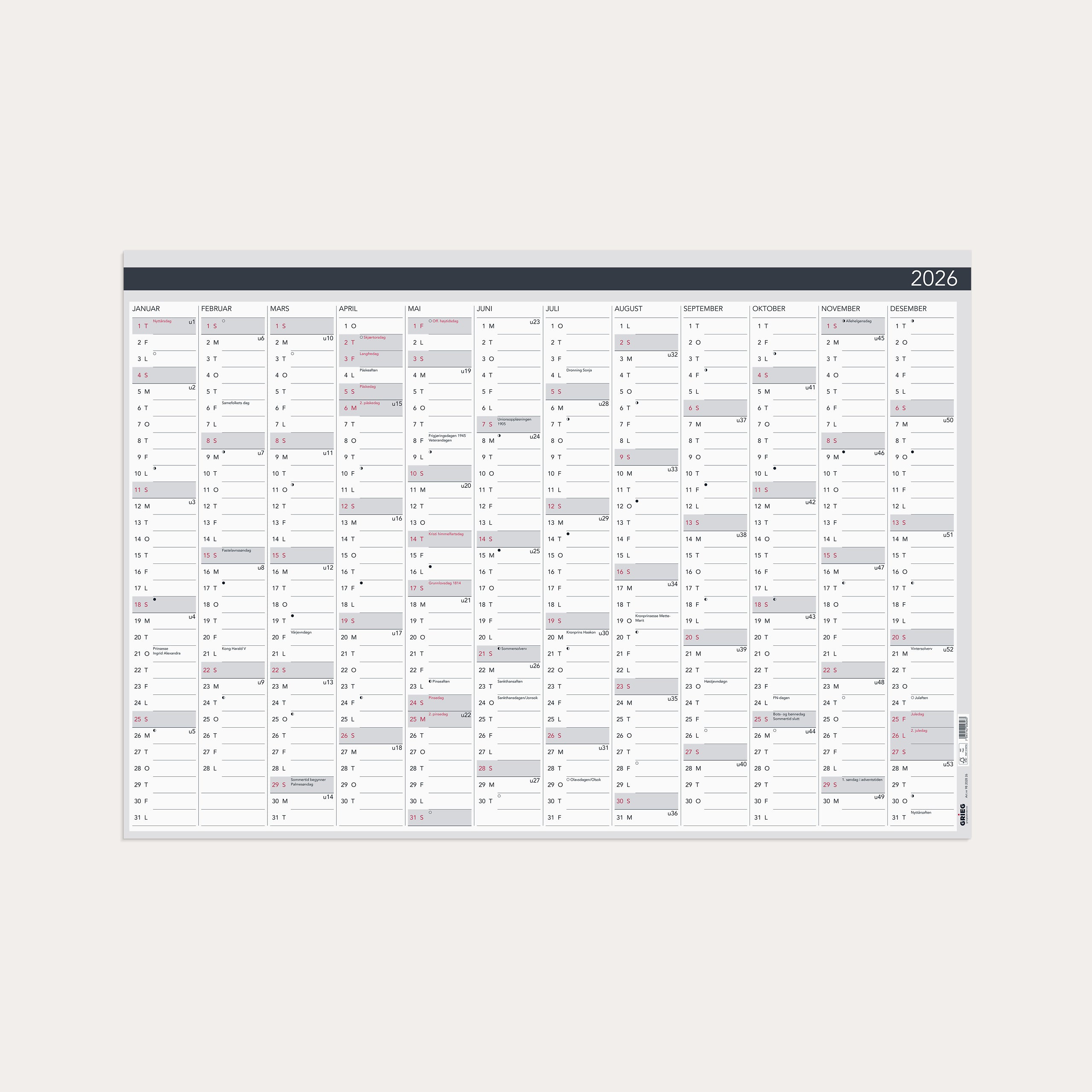 Platekalender 2026 Elegant