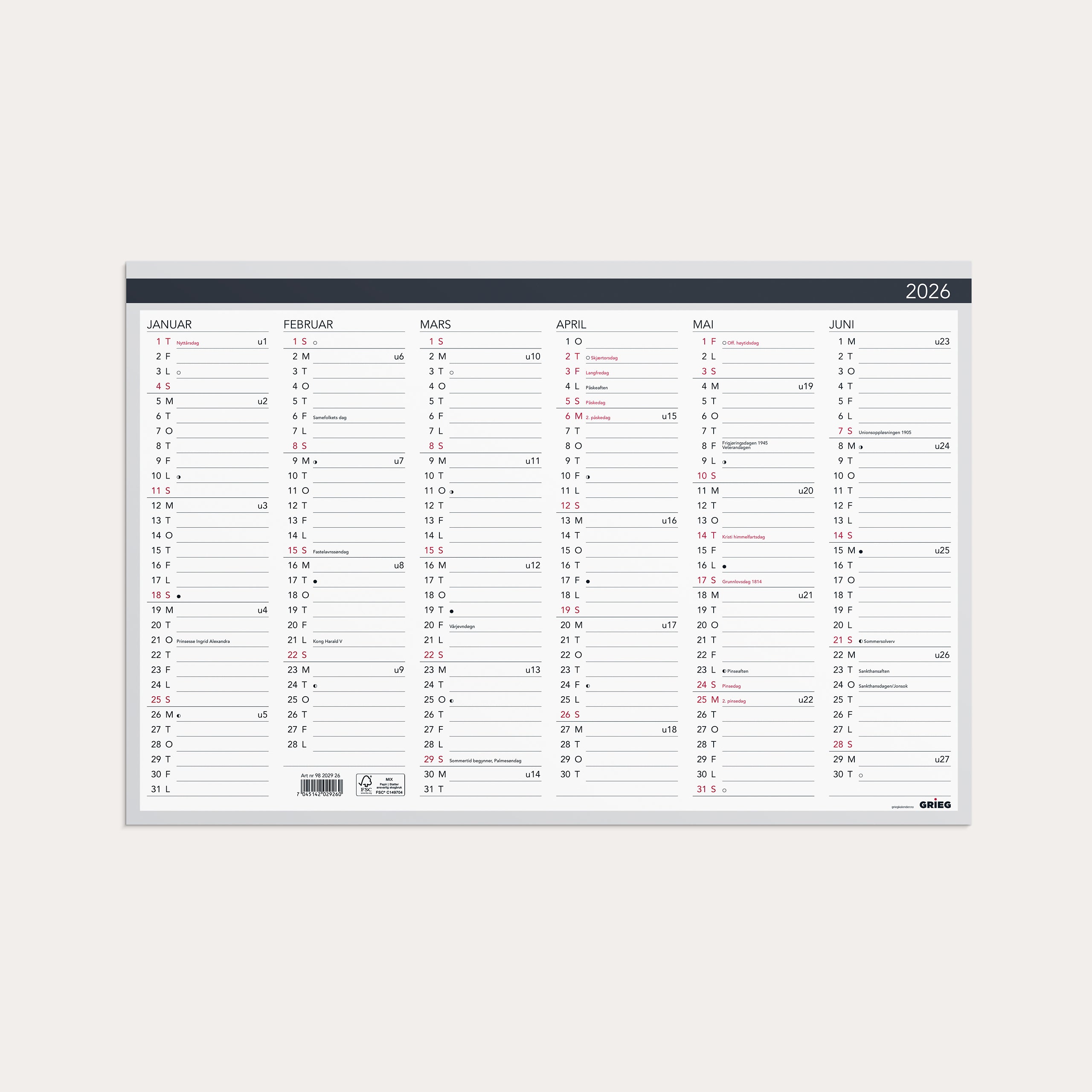 Platekalender 2026 Elegant