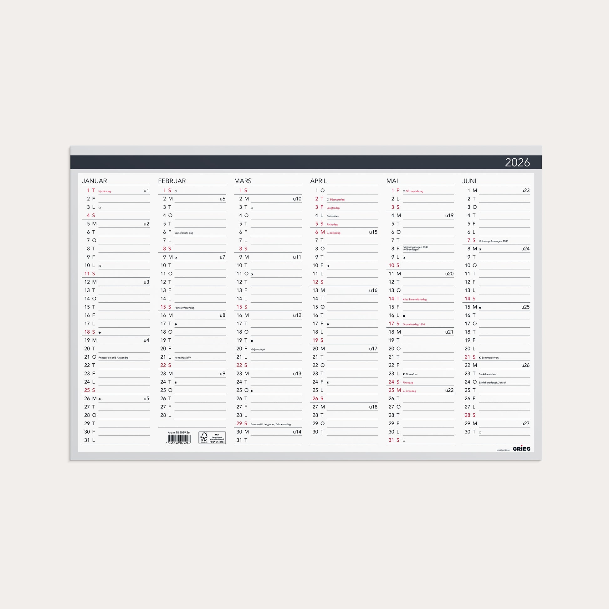 Platekalender 2026 Elegant