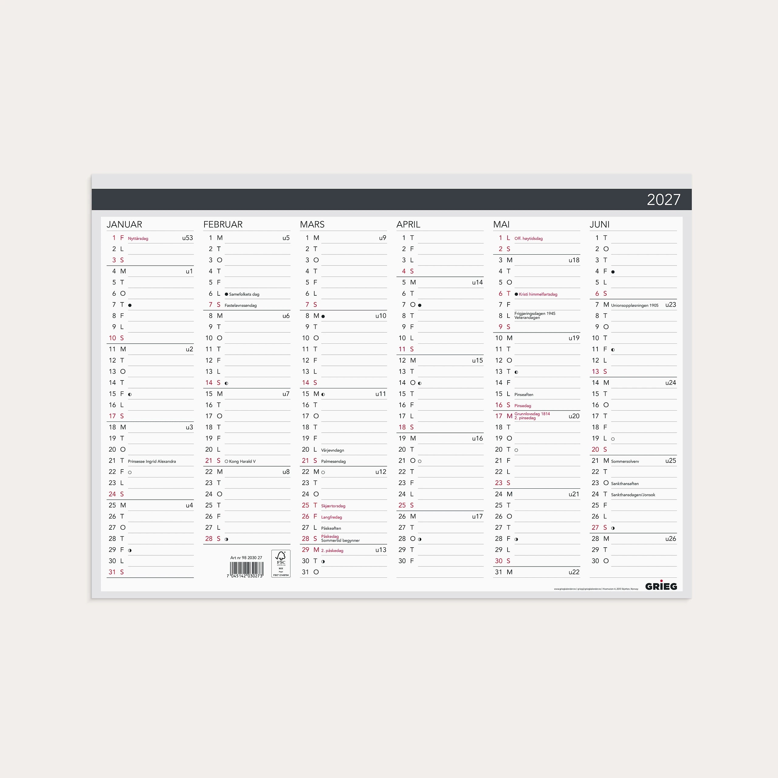 Platekalender 2027 Elegant A3