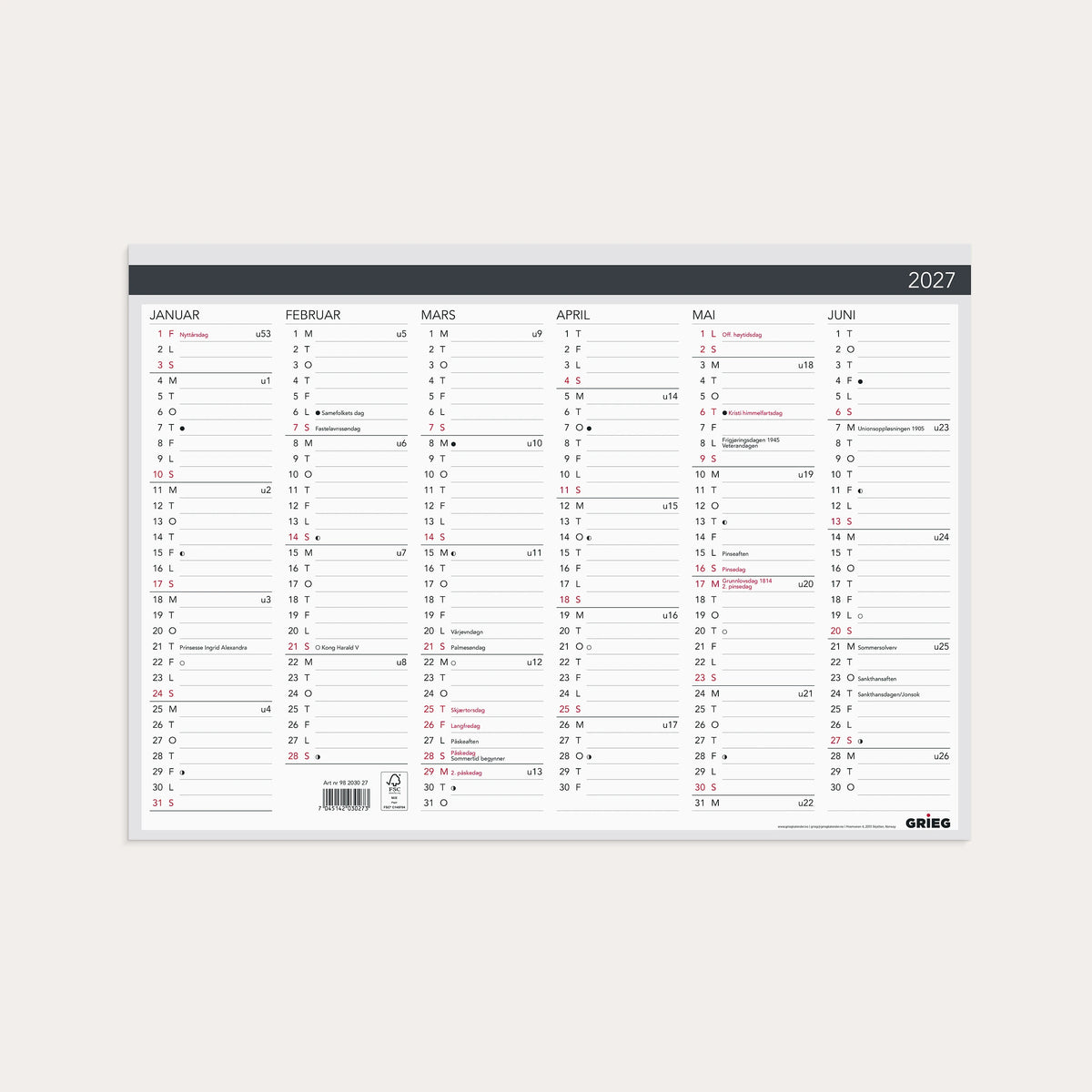 Platekalender 2027 Elegant A3