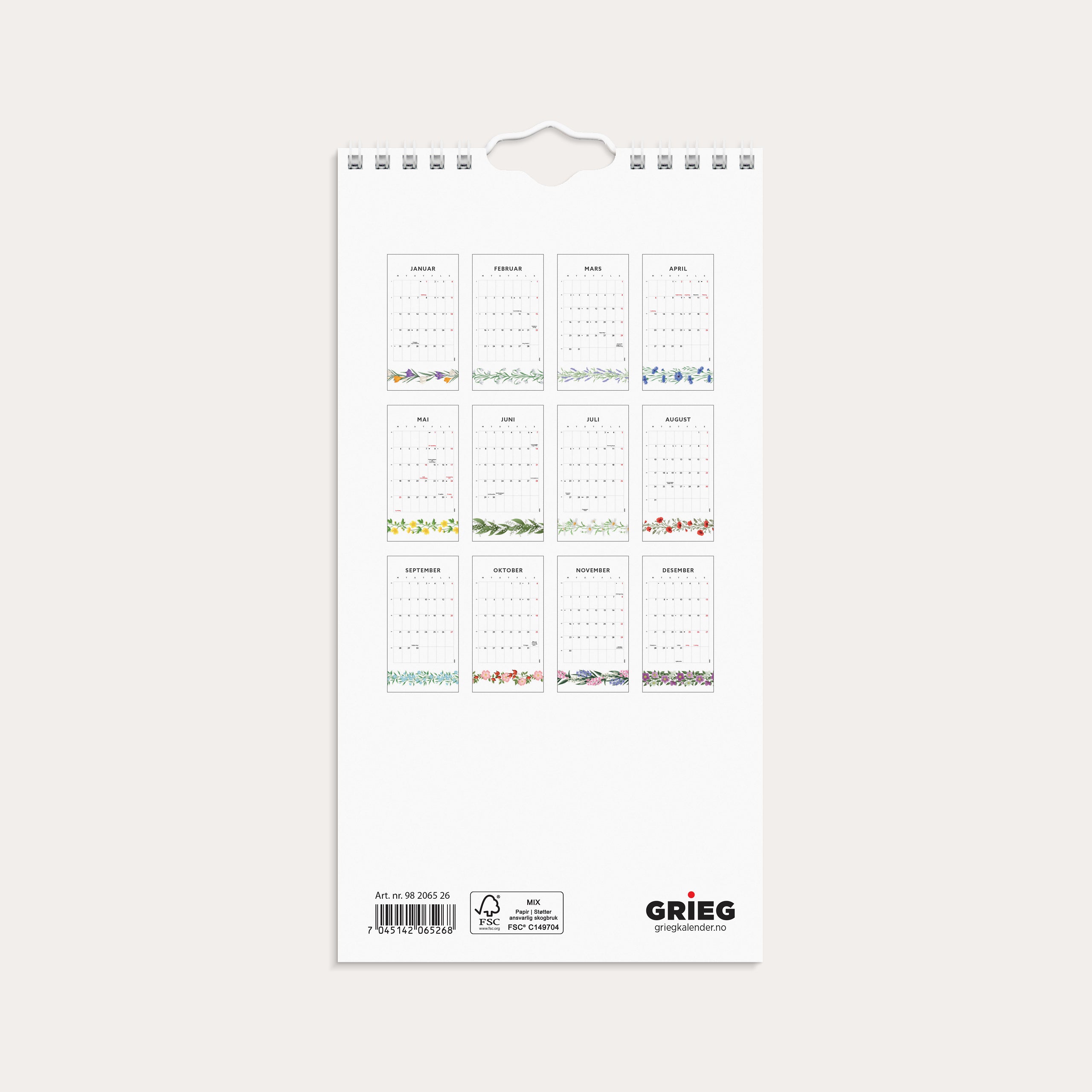 Veggkalender 2026 Blomster Mini