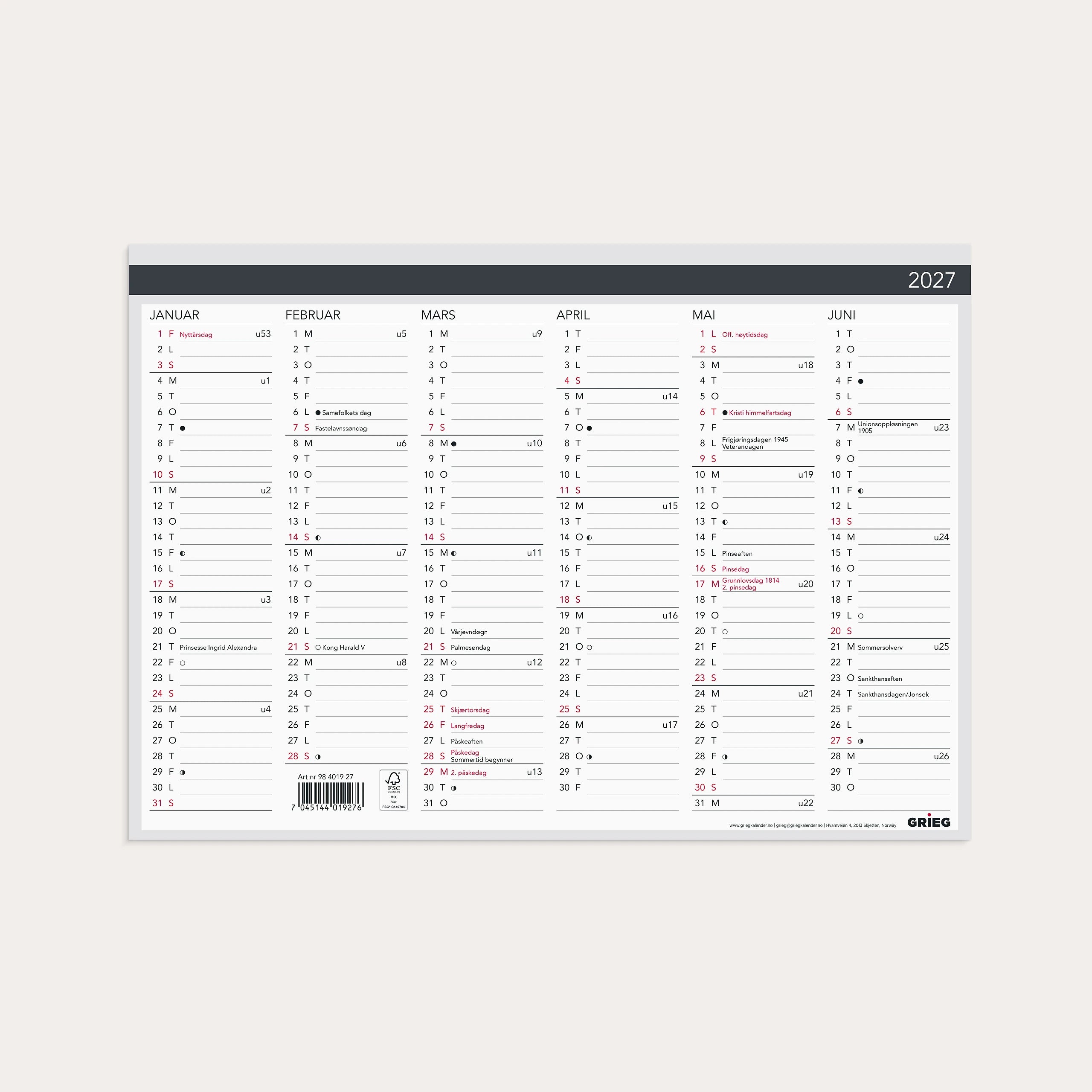 Platekalender 2027 Elegant  A4